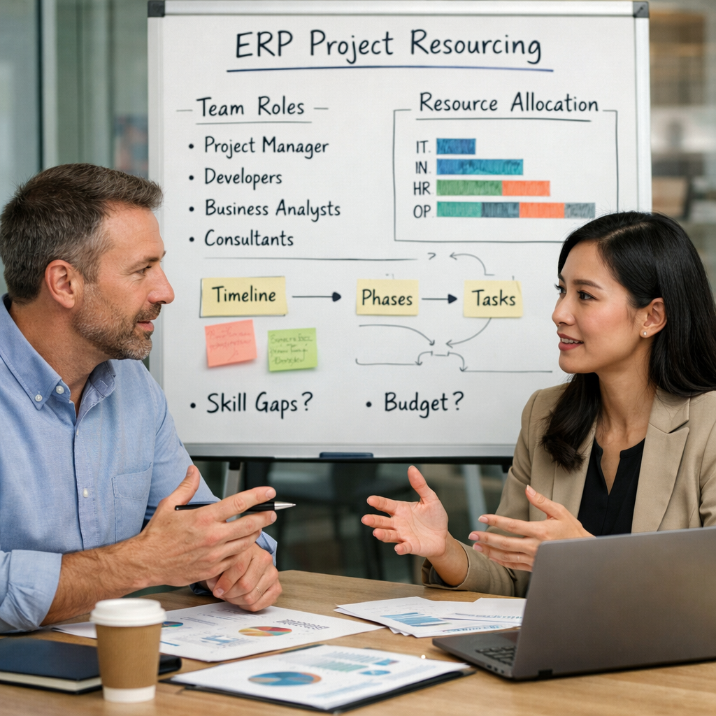 two people discussing resourcing an erp project